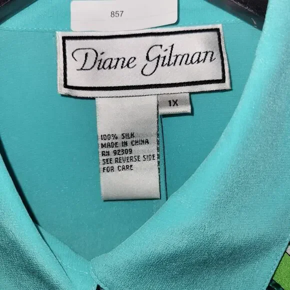 Diane Gilman Womens Blouse Top 1X Silk Sequin Art to Wear Blue Yellow Green - Picture 5 of 9